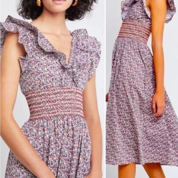 Anthropologie OPT Scilla Midi Dress Floral Ruffle V-Neck Smocked, Purple/ Red - Picture 10 of 11
